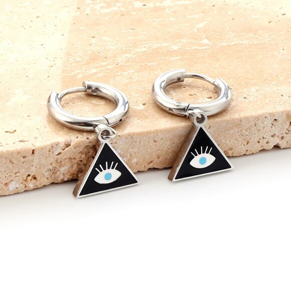 Evil Eye Triangle Hoop Earrings Stainless Steel Hypoallergenic - Picture 3 of 4